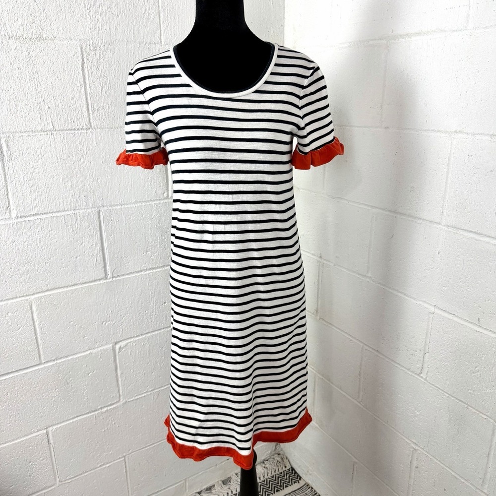 Boden Emily Dress Size 4 Navy White Stripe Red Ruffle Trim Twee Preppy Whimsy